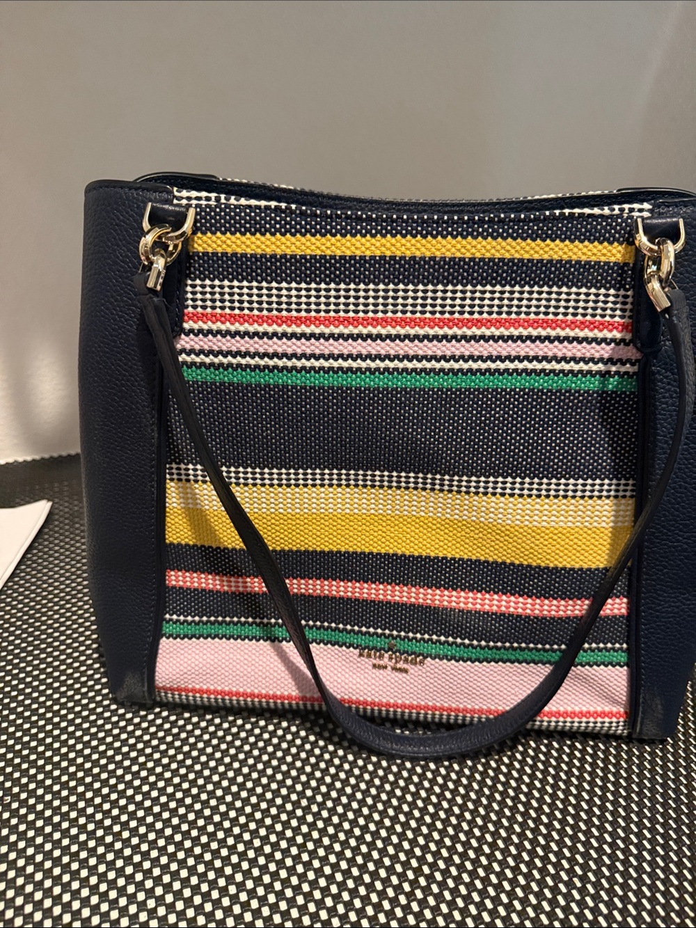 Striped Canvas Tote Bag with Navy Trim